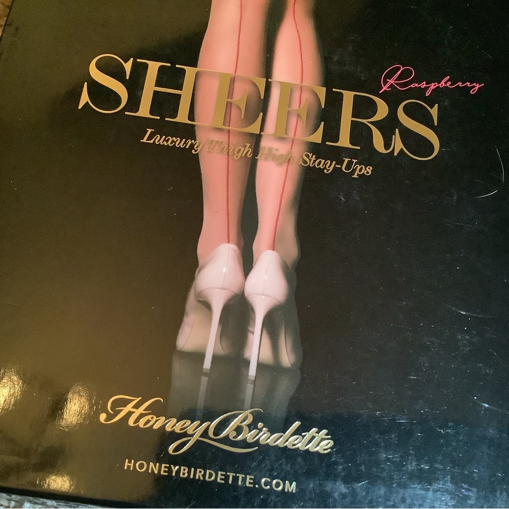 Honey Birdette sheers luxury thigh high stay-ups w/backseam, raspberry, size: S - Picture 2 of 12